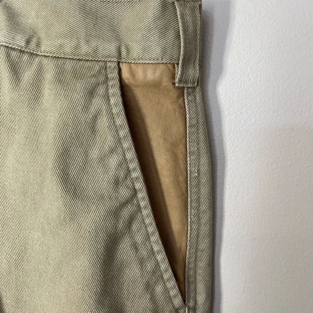 Vintage‎ Orvis Duck Cloth Canvas Shorts Men's 44 Beige Leather Trim Flat Front
